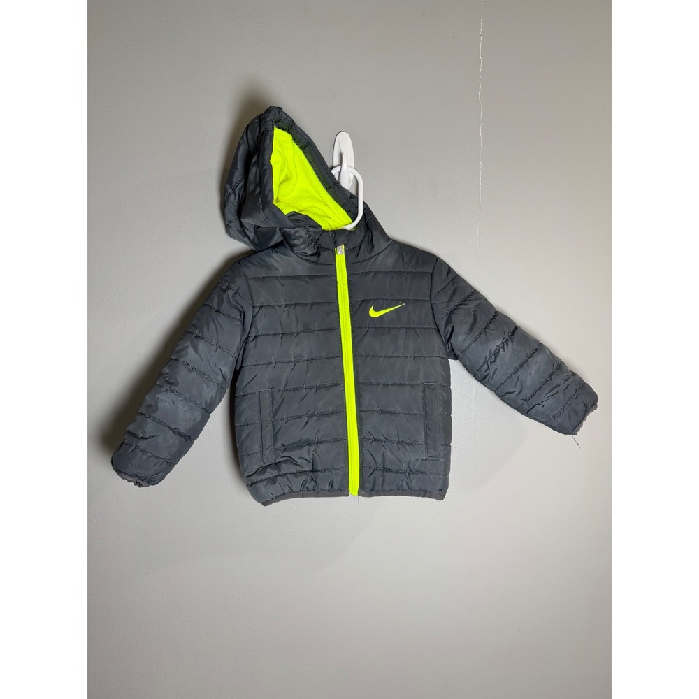 Kids Nike Puffer Jacket Gray Neon Yellow Hooded Full Zip Logo Size 18M‎